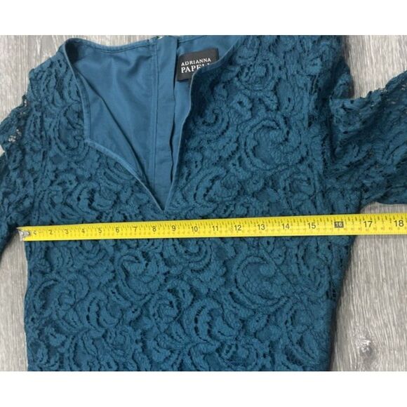 Adrianna Papell Sheath Dress Teal Blue Lace 3/4 Bell Sleeve Wedding Size 4 - Picture 8 of 10